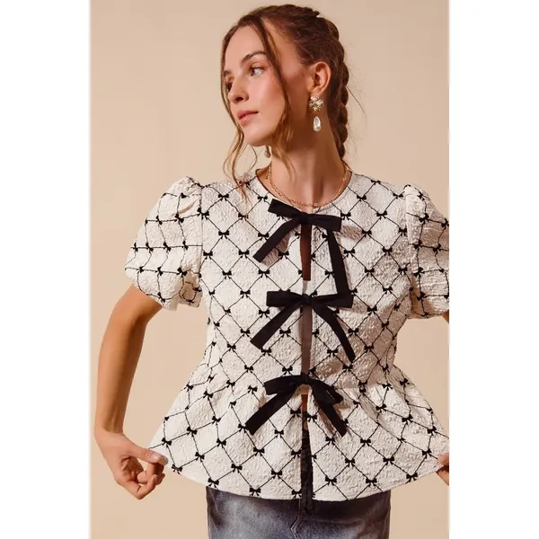 SO ME Bow Texture Woven Peplum Top With Contrast Tie - Ivory - Small - Image 10