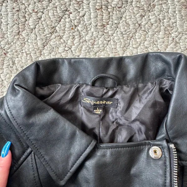 Shinestar Black Faux Leather Biker Jacket - Image 2