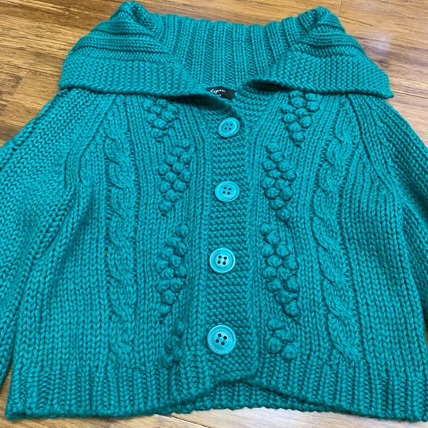 Express Green Cable Knit Cardigan‎ Sweater Shawl Collar Bell Sleeve Women's M - Image 2