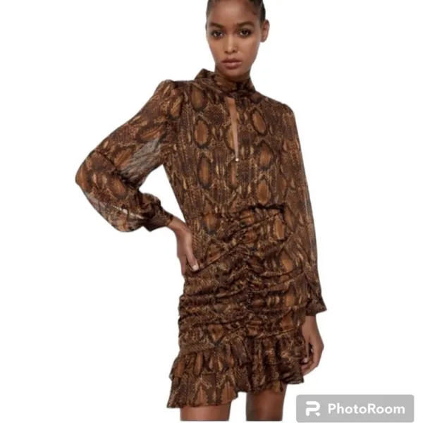 Zara Ruched Animal Snake Print Mini Dress XS - Image 2
