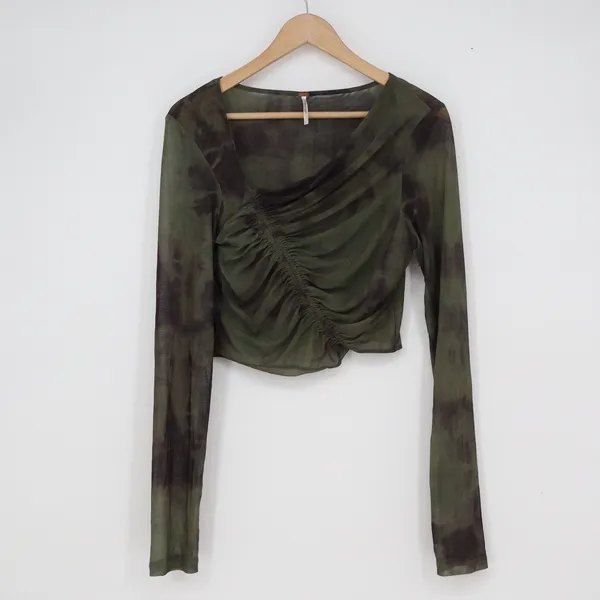 Free People Mesh Ruched Tie Dye Long Sleeve Crop Top Olive Green Black Large - Image 2