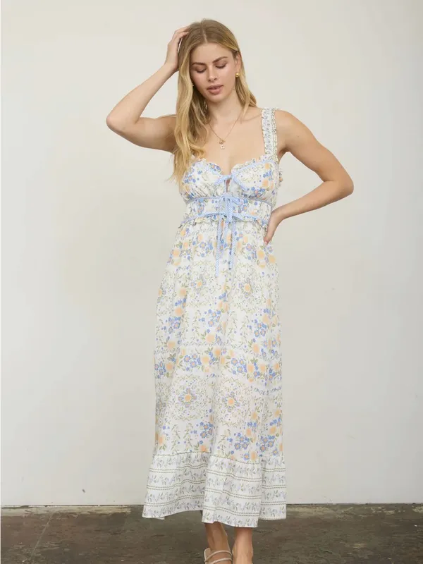 NEW Blu Pepper Blue Multi Floral Front Tie Midi Dress Large Sundress - Image 2