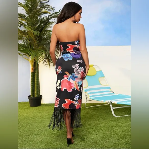 🟡Floral Print Fringe Tube Dress - Image 3