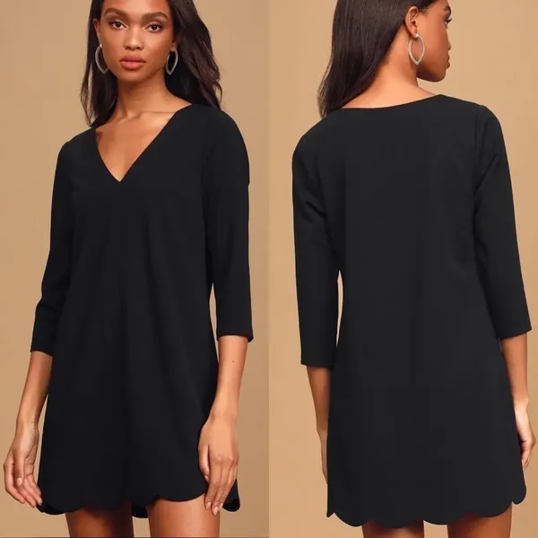 Lulus Love It All Three-Quarter Sleeve Scalloped Shift Dress in Black‎ Size XS - Image 2