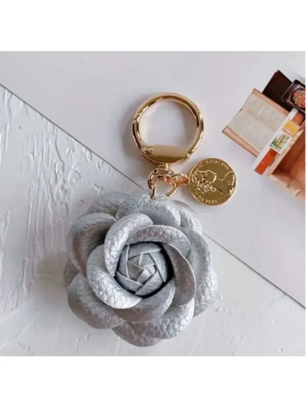NEW Camellia Rose Bag Charm Keychain | Silver Vegan Leather Floral Charm - Image 2