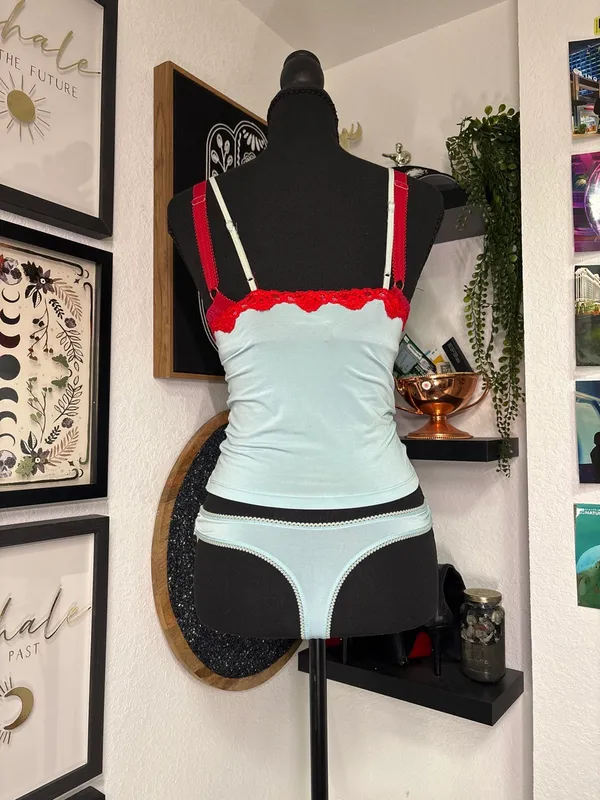 3Pc Vintage Lejaby Lingerie Set 34B Bra, Small Cami, Small Thong Balconette Blue - Image 2