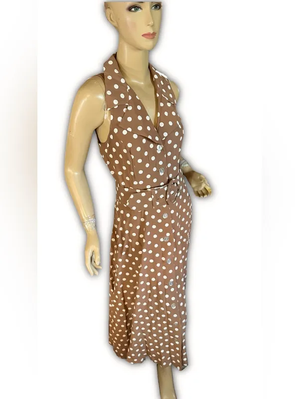 Vintage 1990'S All That Jazz Brown & White Polka Dot Print Dress W/Belt (8) - Image 4