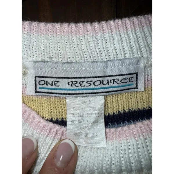VTG One Resource 80's Women's Sz Large Knit Sweater USA Short‎ Sleeve Stripped - Image 2