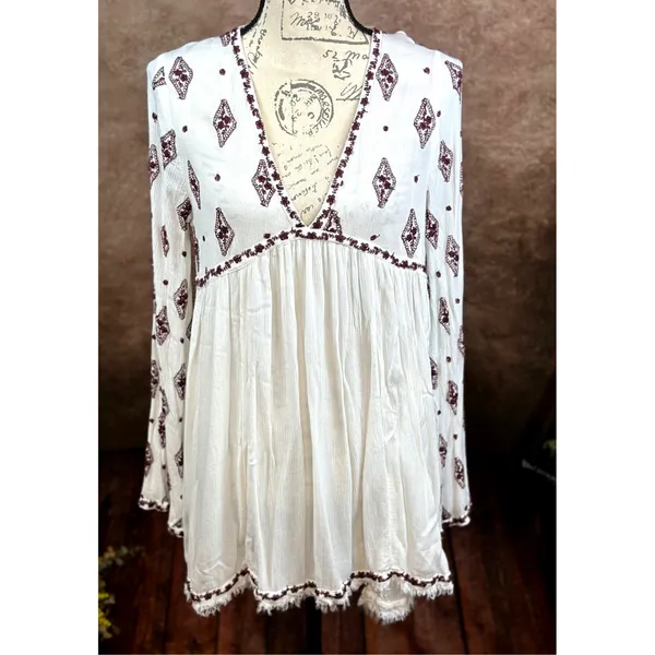 Free People Embroidered Diamond Top Mini Dress Cream Burgundy size S - Image 10