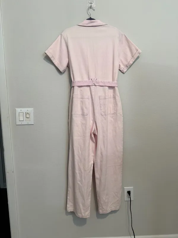Free People Light Pink Denim Short Sleeve Jumpsuit with Belt - Image 5