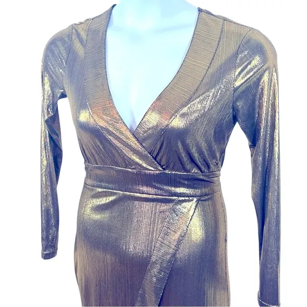 Lulu’s Metallic Gold Faux Wrap Asymmetrical Party Dress Semi Sheer Small Glam - Image 6
