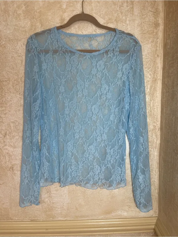 Y2K Baby Blue Sheer Floral Lace Mesh Long Sleeve Top Plus Size 2XL Fairycore - Image 3