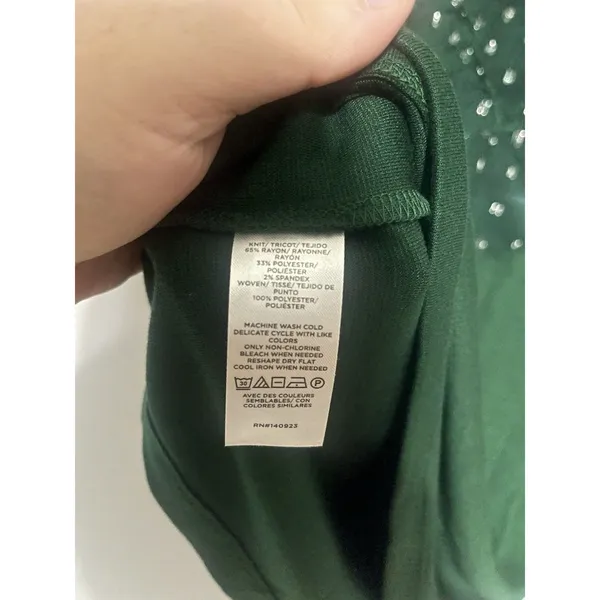 Loft Blouse Womens L Large Green Silver Shimmer Dotted Ruffle Yoke Mixed Media - Image 4