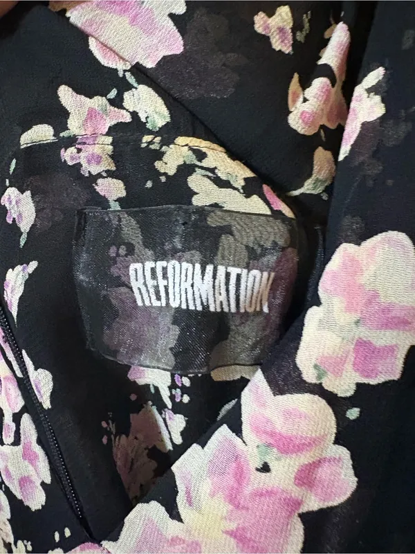 Reformation Black & Purple Floral Sleeveless V-Neck Midi Dress - Image 2
