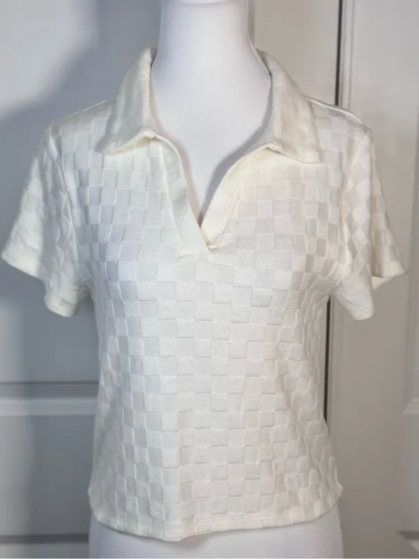 Ivory Checkerboard Knit Polo Top M Textured Johnny Collar Preppy Cropped Tennis - Image 2