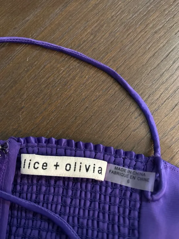 Alice + Olivia Necole Cutout Feather Hem Mini Dress Purple Womens 6 - Image 11