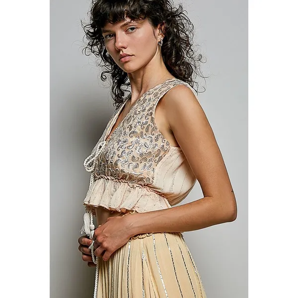 POL Shimmer Pattern Deep V Tie Front Tassel Ruffle‎ Hem Sleeveless Crop Top - M - Image 2