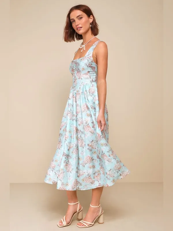 LULU’S Darling Adoration Light Blue Floral Midi Dress With Pockets - Image 2