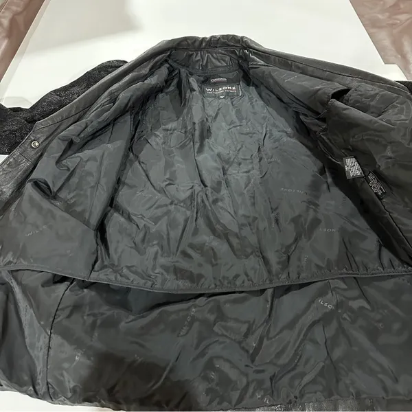 Vintage 80s Wilsons Black Leather Paisley Print Long Sleeve Coat‎ Size M - Image 6