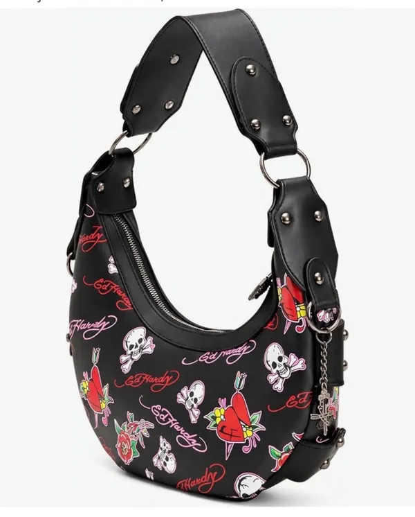 🔥 NWT Ed Hardy Y2K Tattoo Print Studded Hobo Bag Black 🖤 - Image 4