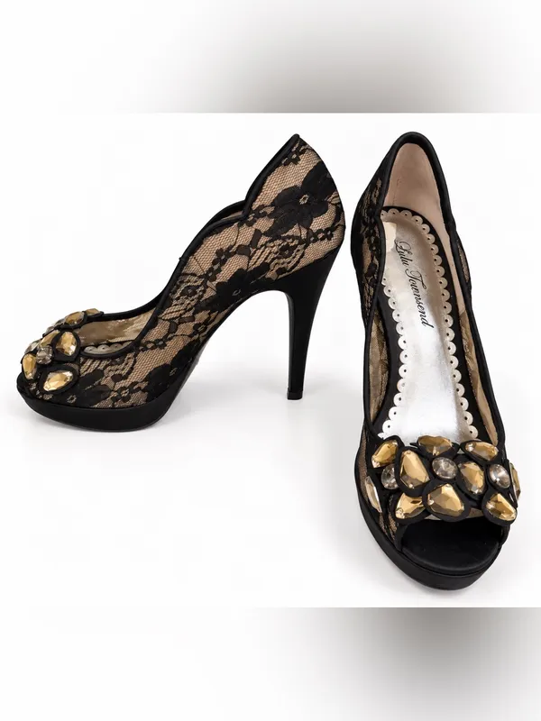 Lulu Townsend Black Lace Mesh Rhinestone Stiletto Peep Toe Pumps Amber Crystal - Image 8