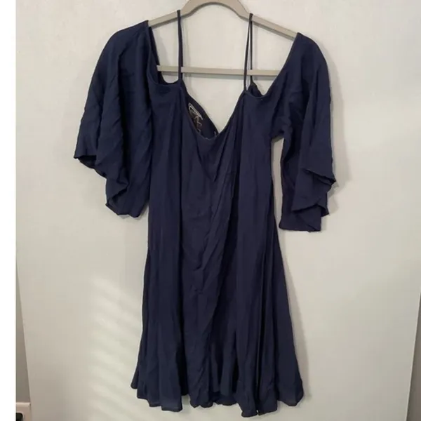 Alya Womens Dress Navy Blue Embroidered Cold Shoulder Bell Sleeve Small - Image 3