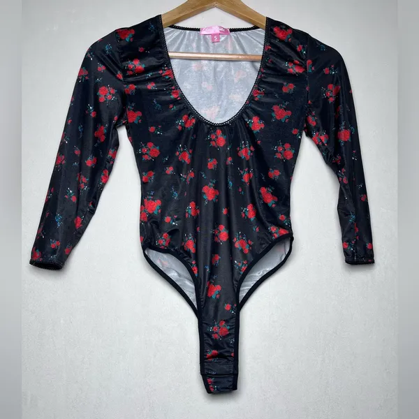 Dolls Kill Sugar Thrillz Women’s Sz S Black Rose Floral Whimsygoth Bodysuit - Image 2