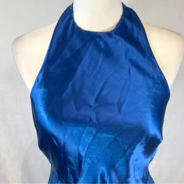 Angel Biba Blue satin halter neck faux wrap twisted backless mini dress size medium - Image 6