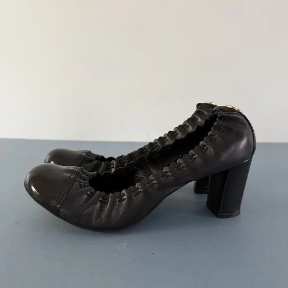 Tory Burch Abbey 2 Mid Heel Black Leather‎ Cap Toe Block Heel Pumps - Image 4