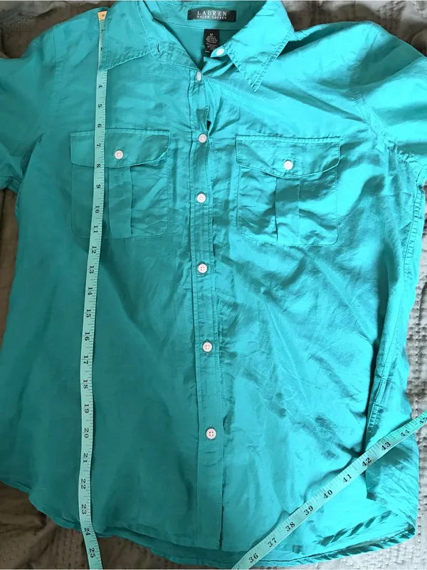 LAUREN Ralph Lauren Silk Blend Teal Turquoise Button Down Shirt Women Medium - Image 6