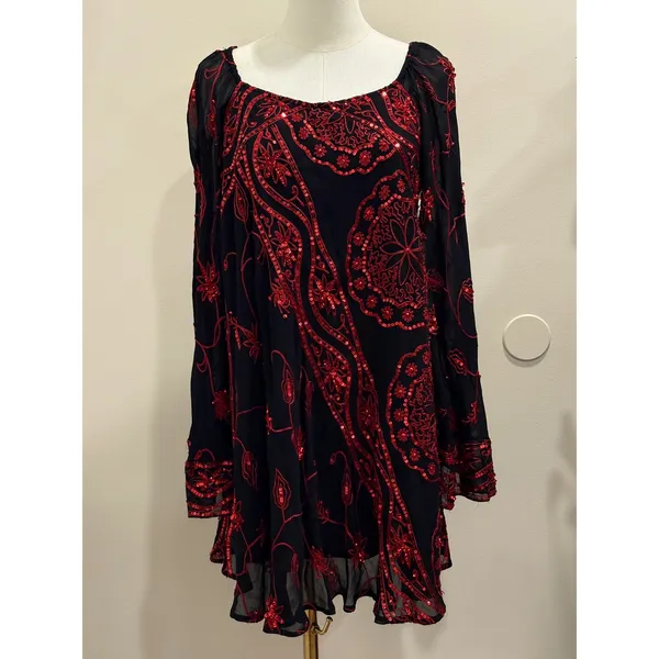 Free People My Beloved Georgette Mini Dress Black Red Sequin Embroidered Fairy 8 - Image 3