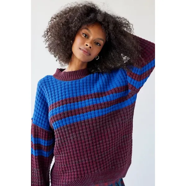 BDG Max Waffle Blue Burgundy Chunky Oversized Knit Sweater Size XS - Image 10