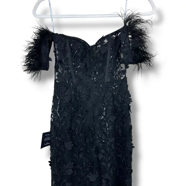 NEW Lulus Midnight Sparkle Black Embroidered Feather Bustier Maxi Dress XS - Image 11