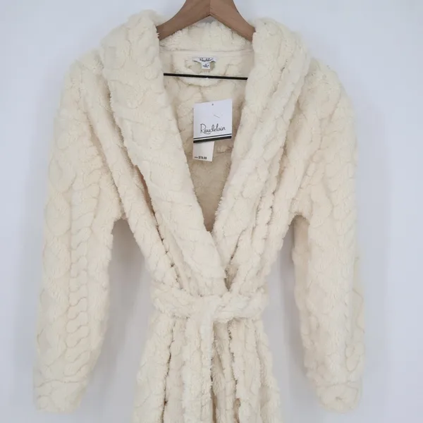 Roudelain Wrap Bathrobe Womens S White Fleece Cable Knit Shawl Collar Belt Waist - Image 4
