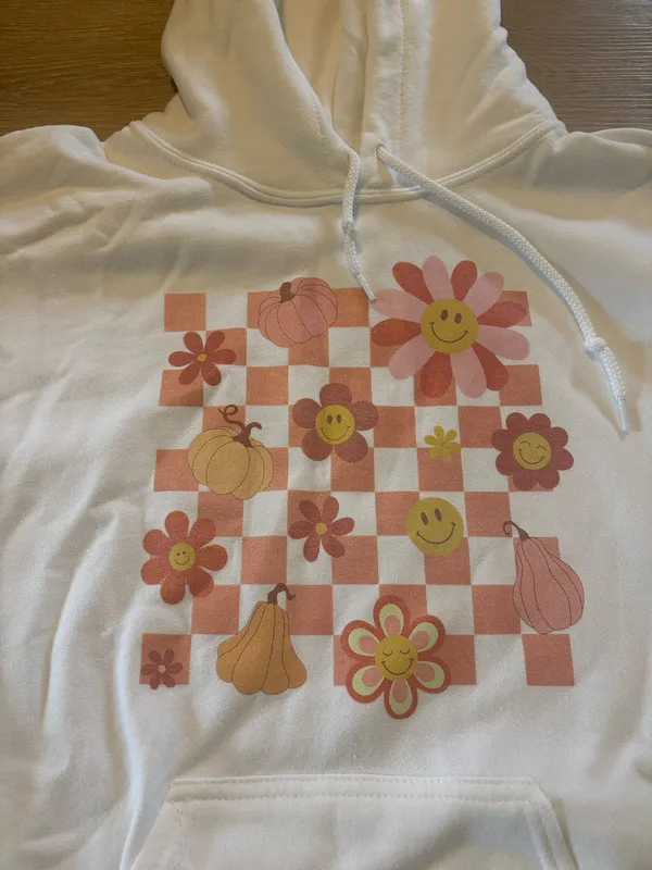 Gildan Fall Floral Checkered White Graphic Hoodie - Image 3