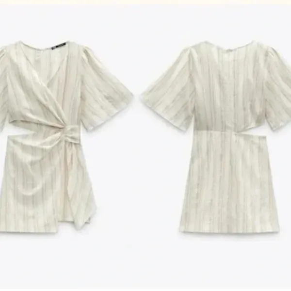 Zara Beige and Cream Striped Rustic‎ side Cut Out Wrap Mini Dress Small - Image 3