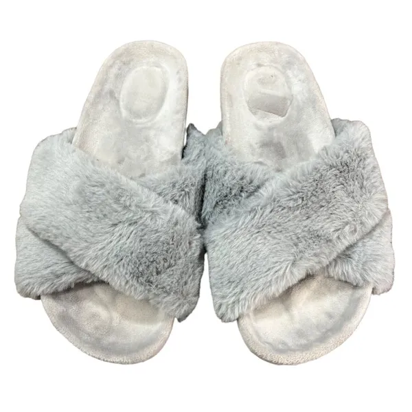 Fitory Slippers Womens Size 7 Gray Cross Band Plush Slip On Slides Cozy‎ Casual - Image 3