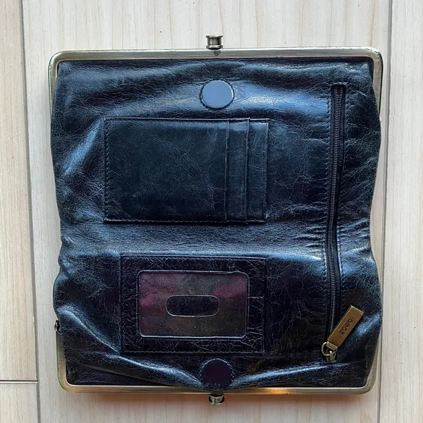 HOBO INTERNATIONAL~LAUREN~VINTAGE HYDE Leather Clutch Double Frame Wallet BLACK - Image 2