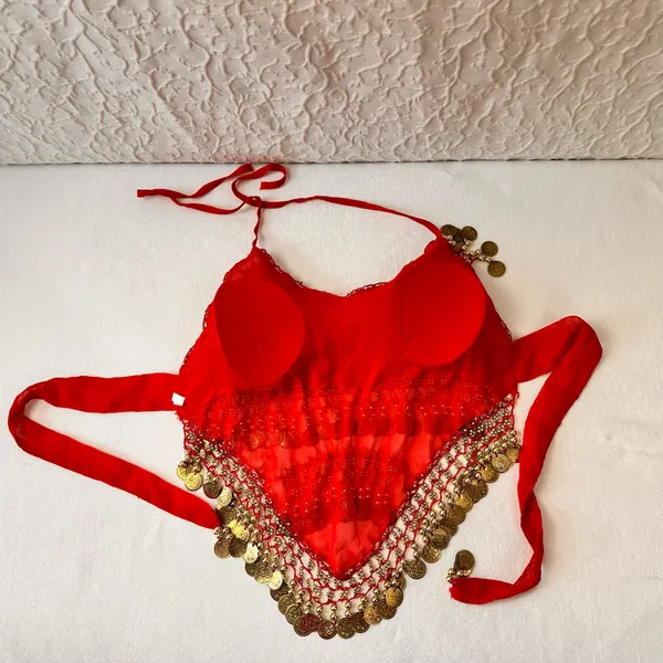 Belly Dance Costume Size M-L Red Golden Coins Halter Top & Hip Scarf - Image 5