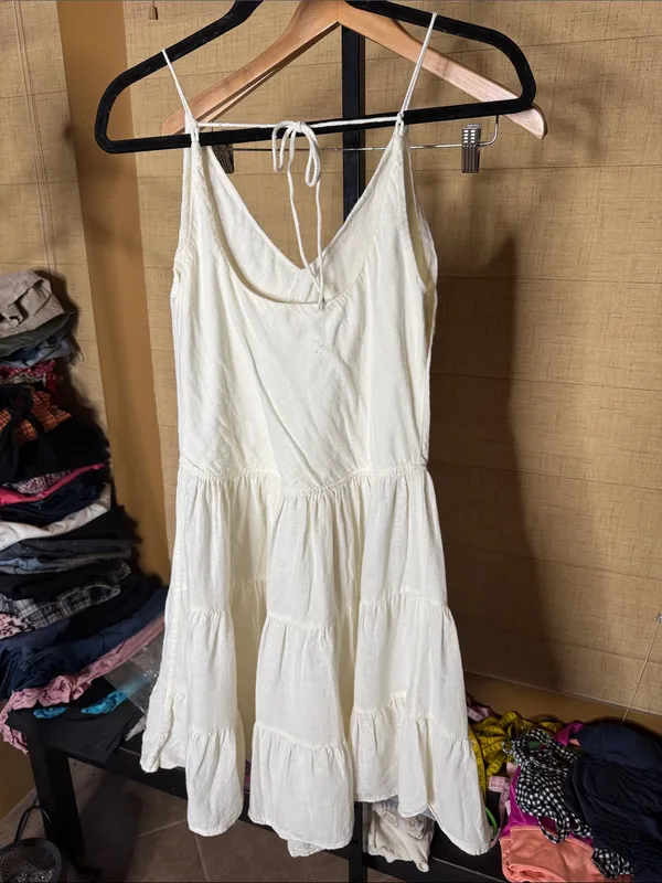 Free People Intimately Ivory Linen Blend Tiered Mini Dress Medium Cottagecore - Image 3