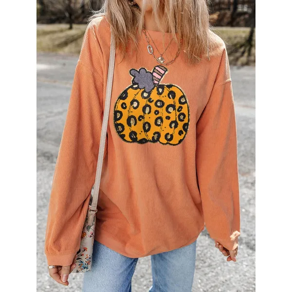Halloween Leopard Pumpkin Patchwork Ribbed Sweatshirt - Image 2