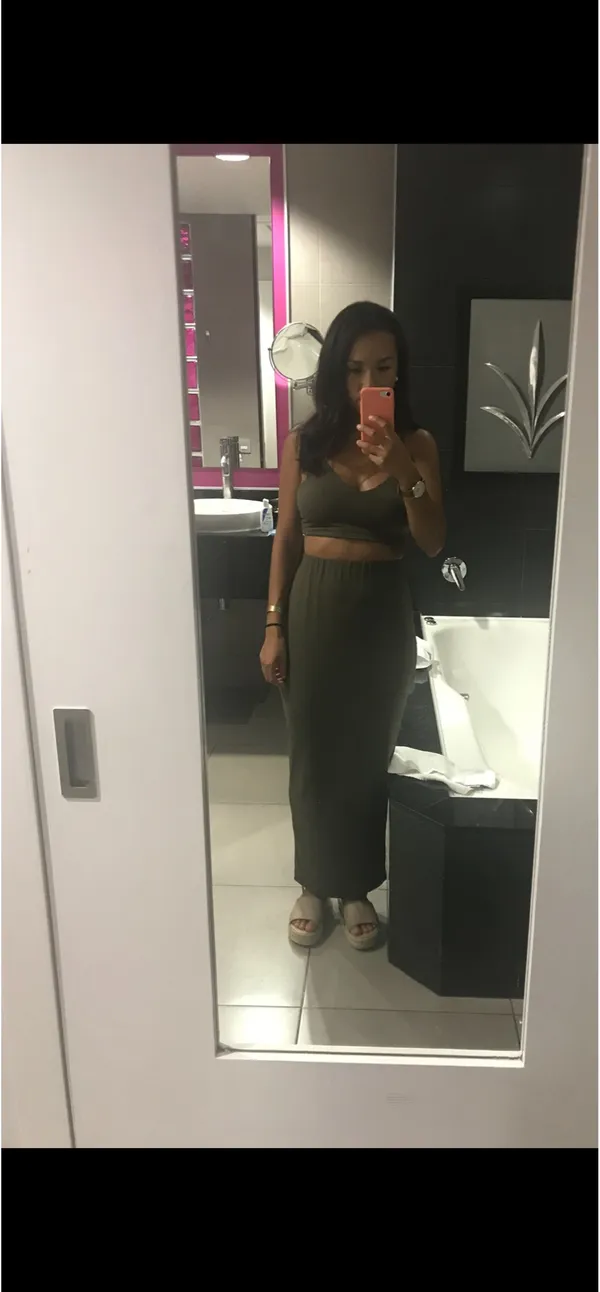 TOBI Two Piece Olive Green Crop Top and Maxi Skirt Set - Image 3