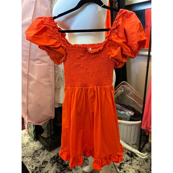 Livaceous Orange‎ Smocked Puff Sleeve Mini Dress Square Neck Ruffle Hem L - Image 4