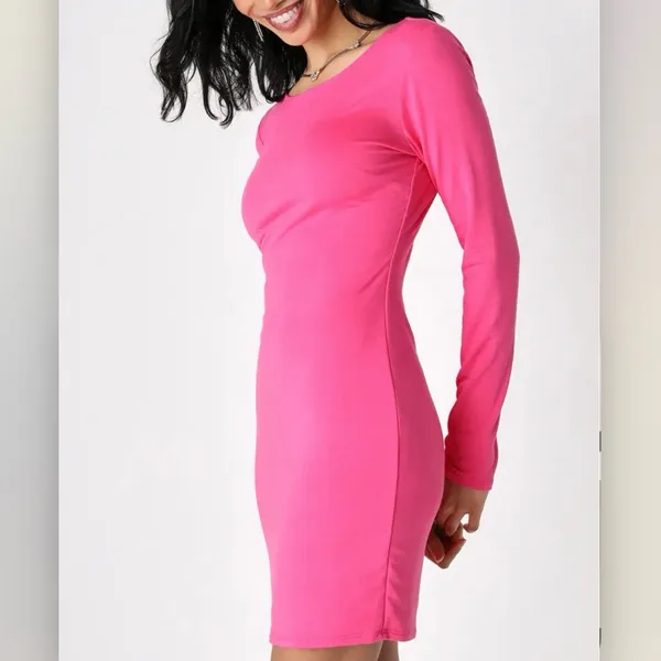 NWT Lulus Comeback Baby Hot Pink Long Sleeve Knit Dress‎ LARGE - Image 2