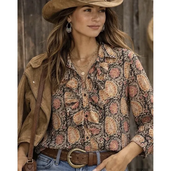 Lauren Ralph Lauren Paisley Ruffle Blouse Cotton Boho Cottagecore Western XL - Image 3