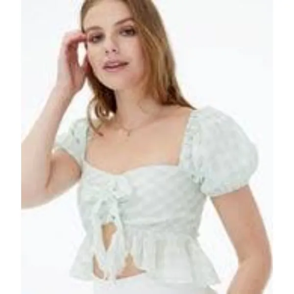 Aéropostale Gingham Puff Sleeve Tie Front Peplum Crop Top Green Size Small NWT - Image 7