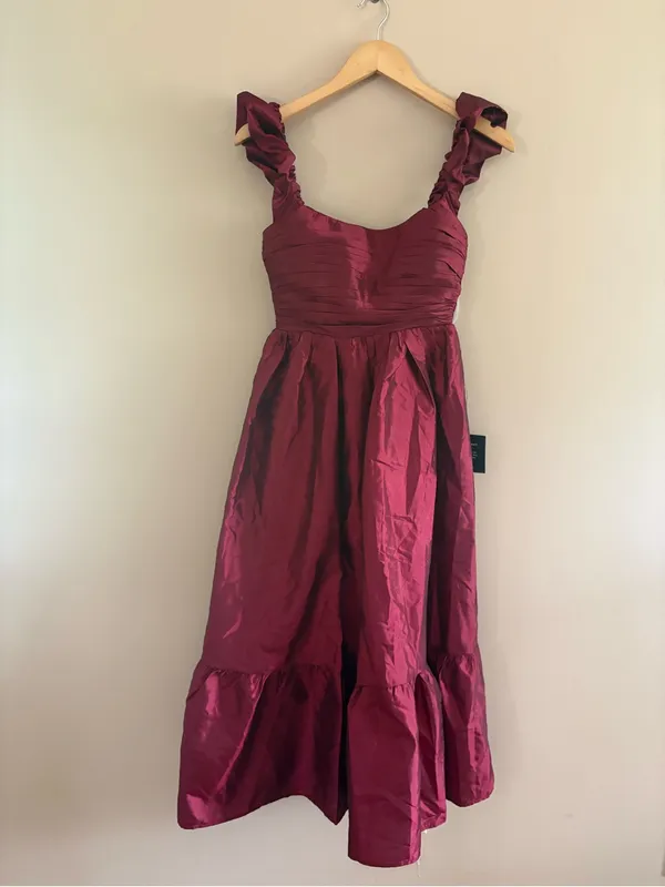 Lulus Poised Passion Wine Red Taffeta Pleated Ruffled Midi Dress Size XS formal - Image 4