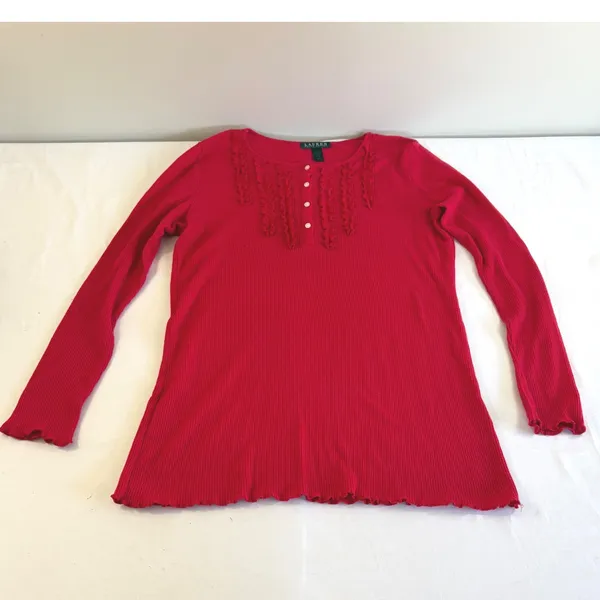 Lauren Ralph Lauren Red Thermal Waffle Knit Ruffle Henley Top Womens Size Medium - Image 2