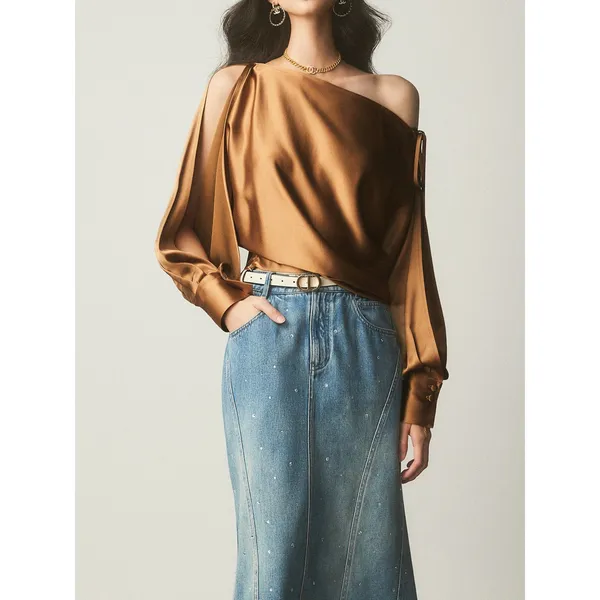 Commense Elegant Copper Minimalist Satin Asymmetrical Cold Shoulder Blouse XS - Image 7