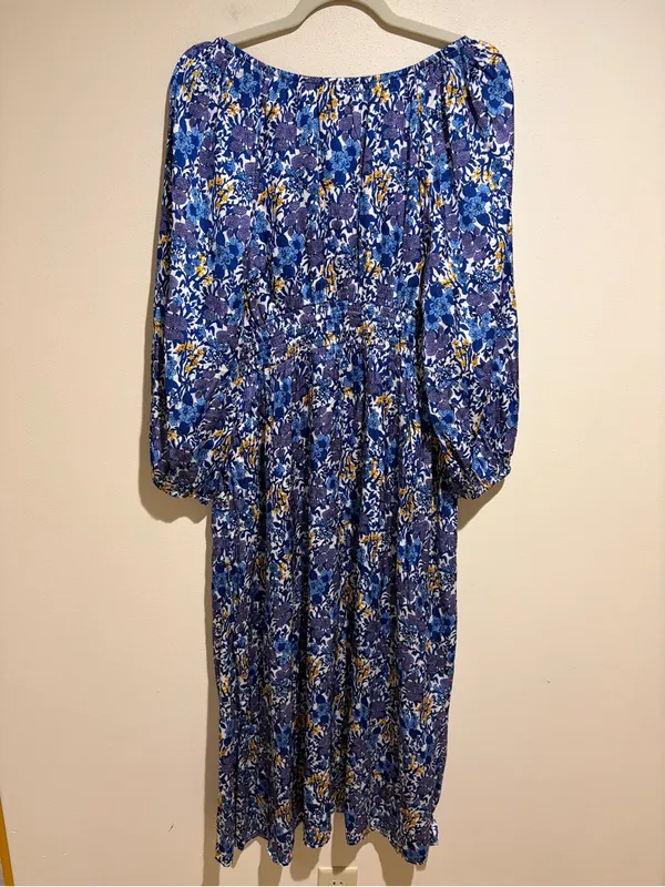 J. Crew V-neck Midi Dress in Fête Floral Print Blue Satin Long Sleeves Medium - Image 15